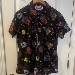 Women’s DIXXON Black Short-Sleeve Button-Down Multicolor Retro Print “FC” bamboo